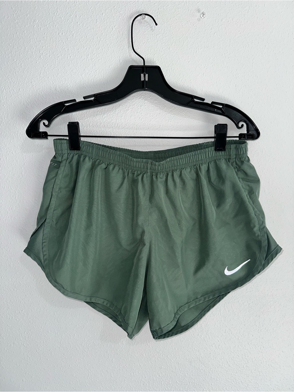 Nike Olive Green Women's Running Shorts with White Swoosh